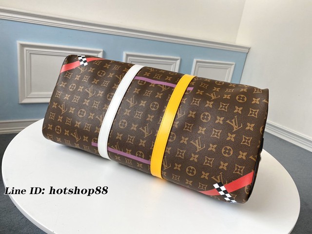 路易威登LV旅行包 M55819 KEEPALL 50旅行袋 LV老花黑皮條紋格子絲印男士旅行袋 xxlv2562